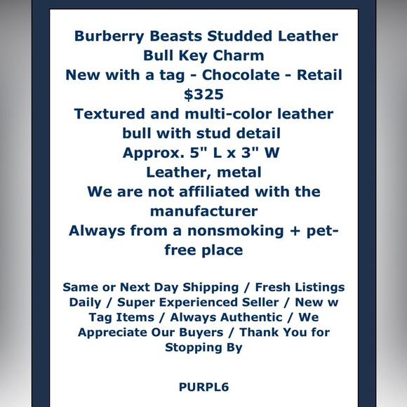 $325 Burberry Beasts Studded Bull Leather Bag Charm Key Charm Key Ring Fob NWT - Picture 2 of 10